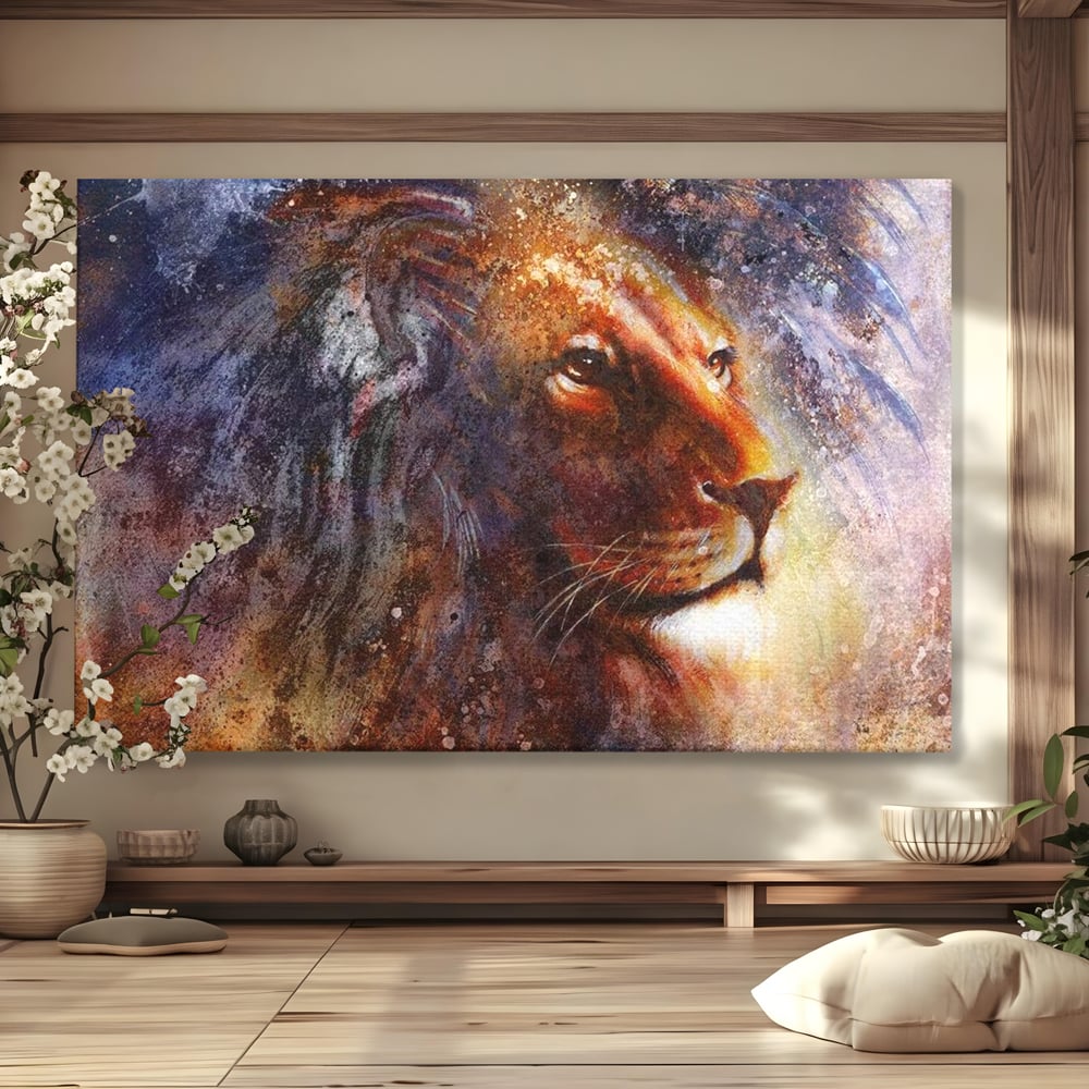 Tablou canvas cu tablou canvas cu leu in nuante cosmice, fara rama, pe sasiu de lemn